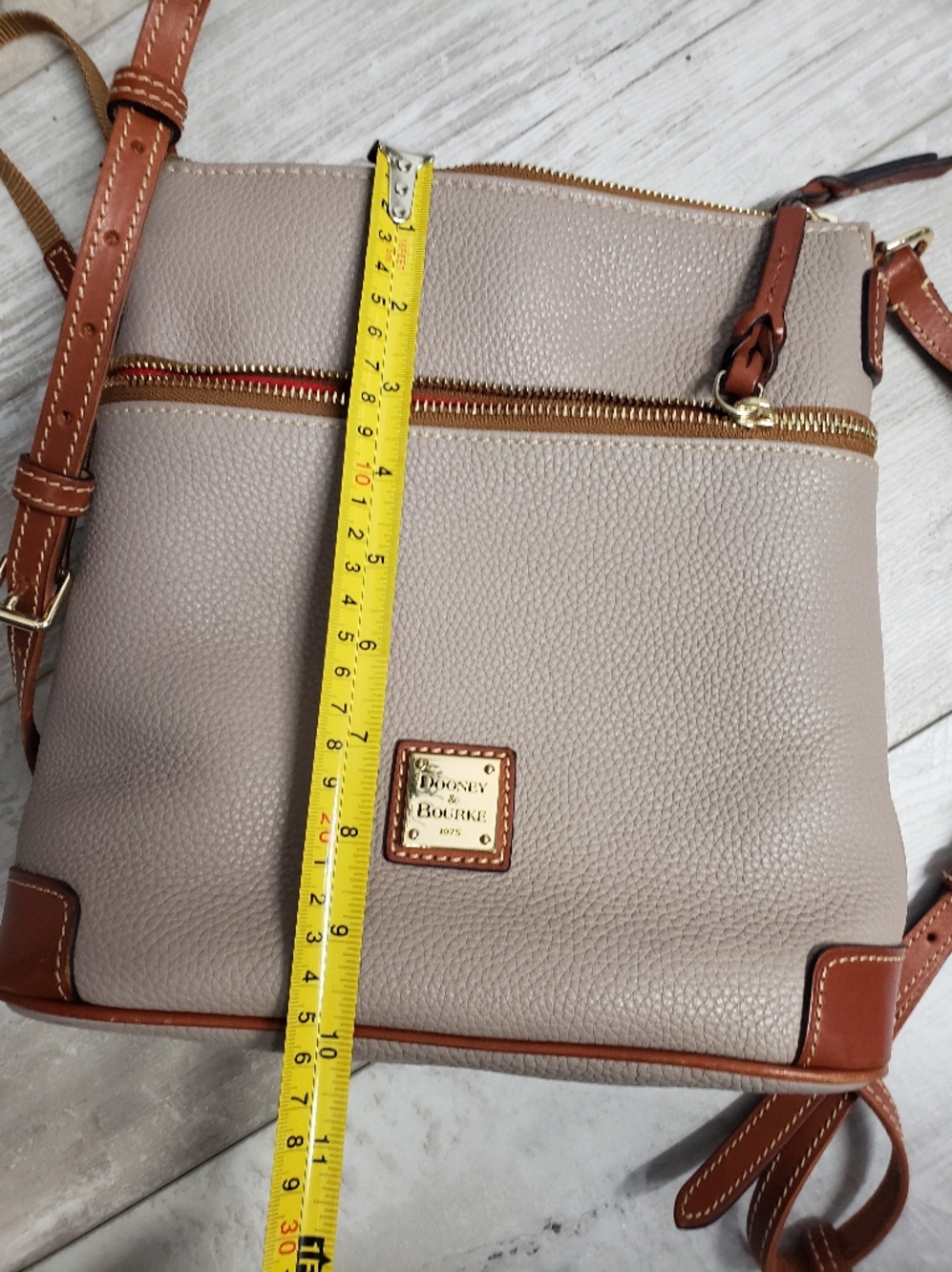 Dooney & Bourke Pebbled Leather Crossbody in Taupe with Brown Strap - Picture 2 of 15
